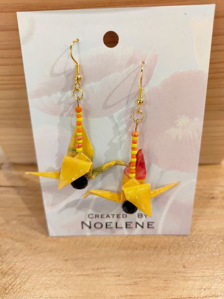 Origami Crane earrings - yellow with black faceted bead - by Noelene